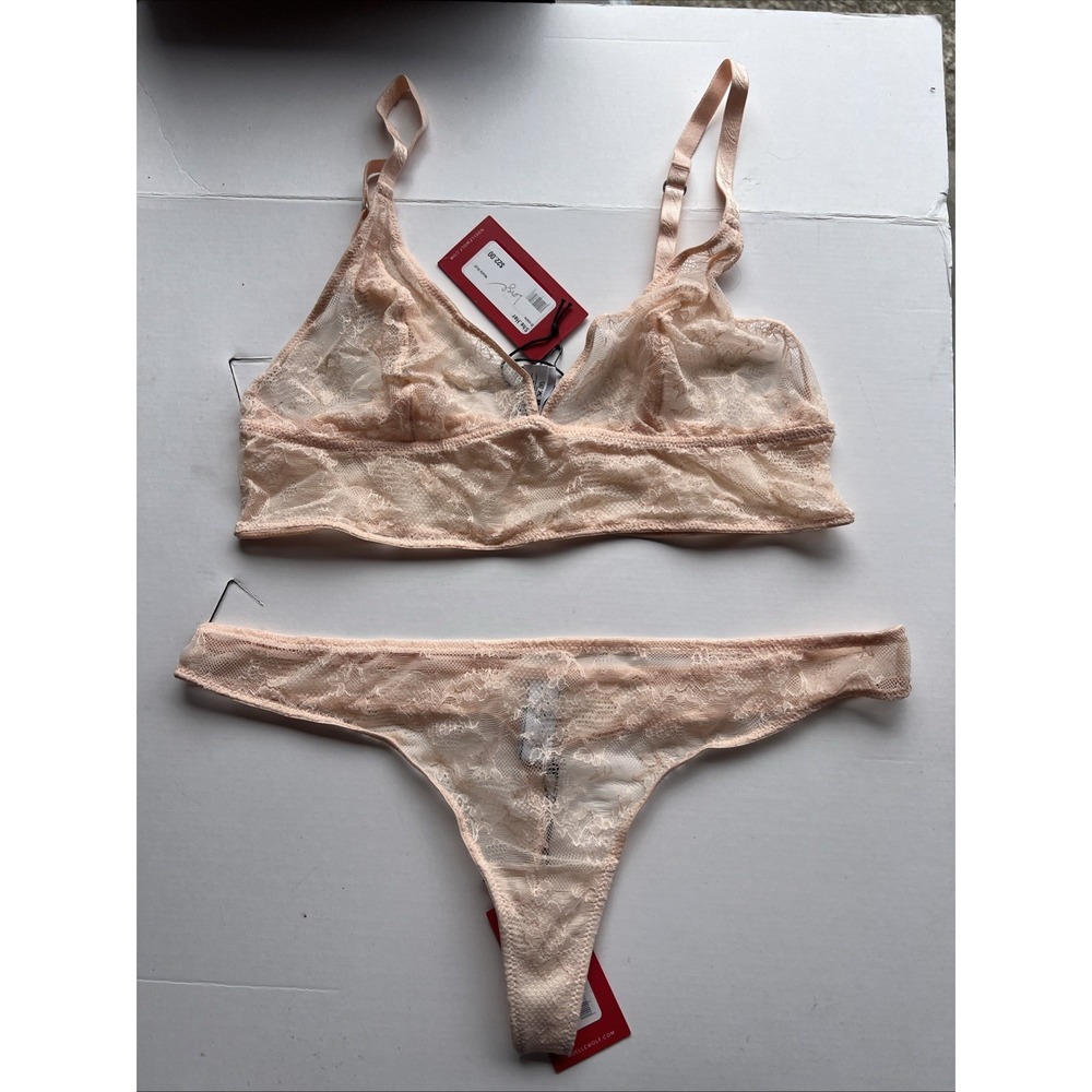 Noelle Wolf Bold Lace Bra And Thong Set Nude Sheer Bralette Size Large